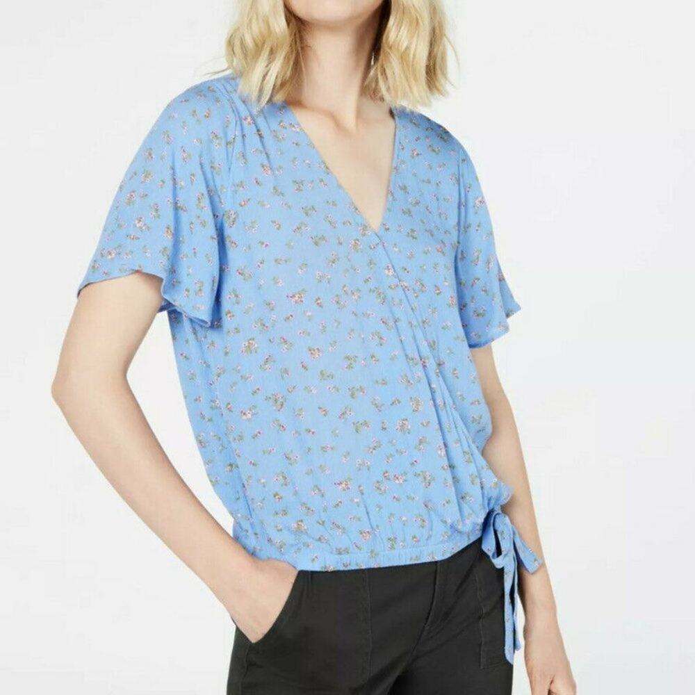 HIPPIE ROSE Buttons Blouse Top Surplice Floral short sleeve NEW casual shirt XS